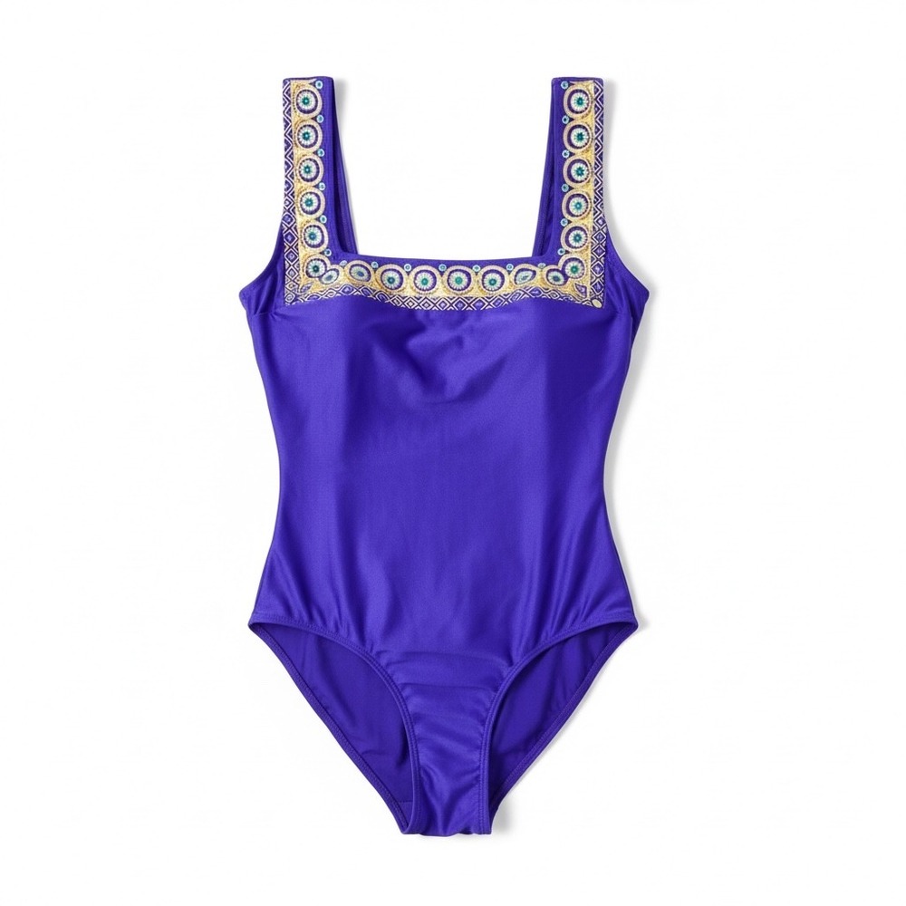 Gottex Vintage Purple Gold Embroidered One Piece Swimsuit NWOT Sz 10 Made Israel